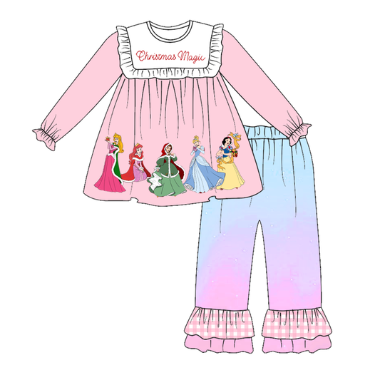 (Custom Design Preorder MOQ 5)  Cartoon Princess Pink Tunic Top Tie-dye Pants Girls Christmas Clothes Set