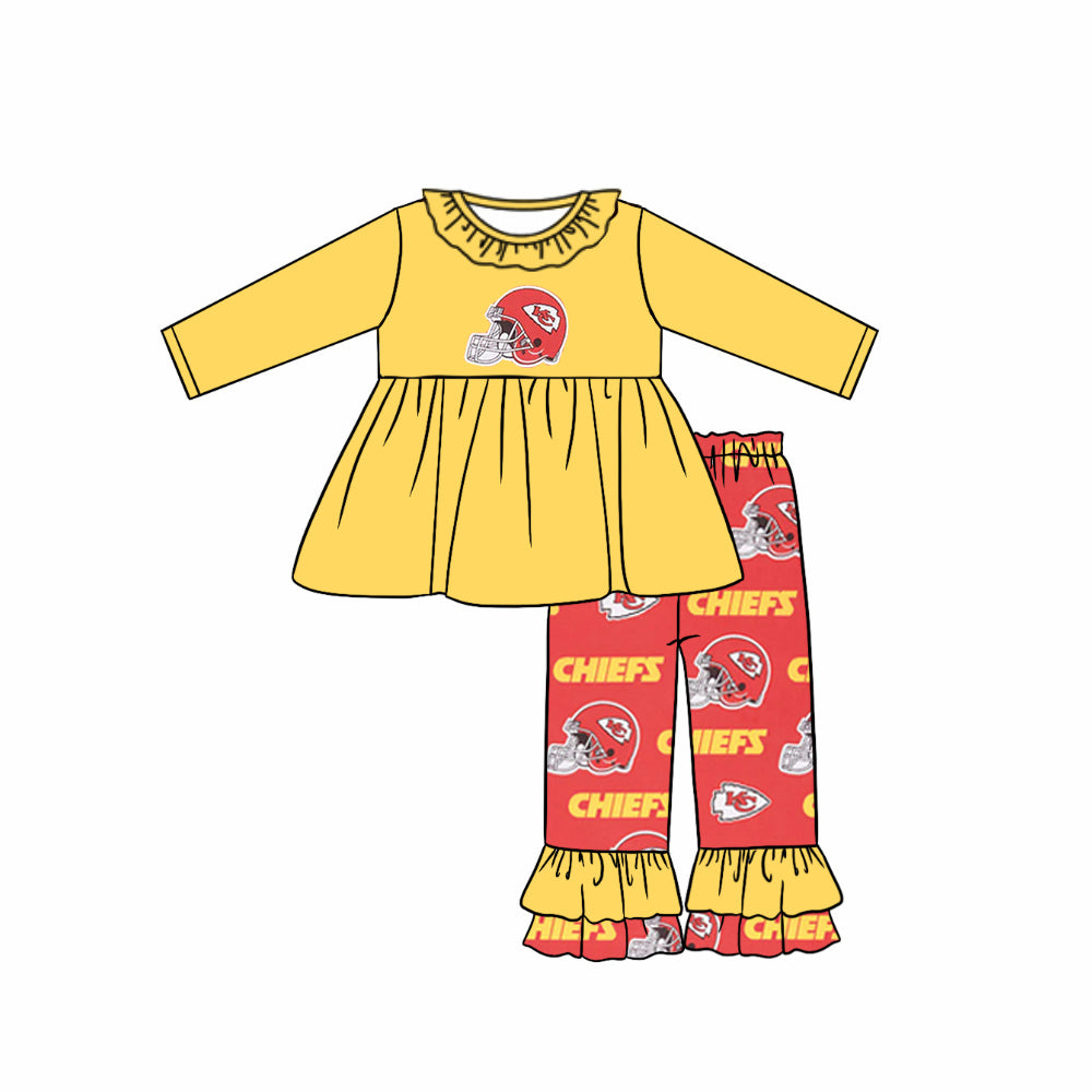 (Custom Design Preorder MOQ 5) Team's KC Yellow Tunic Top Red Ruffle Pants Girls Fall Clothes Set