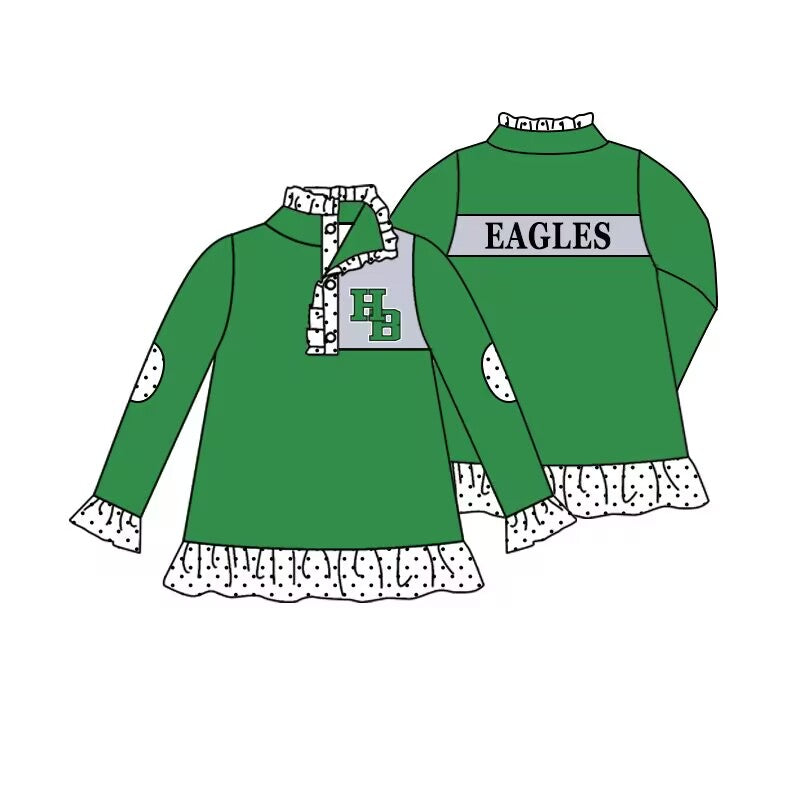 (Custom Design Preorder MOQ 5) Team's EAGLES Green Print Girls Buttons Pullover Top