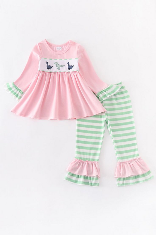 (Custom Design Preorder MOQ 5)  Pink Dino Print Girls Clothes Set