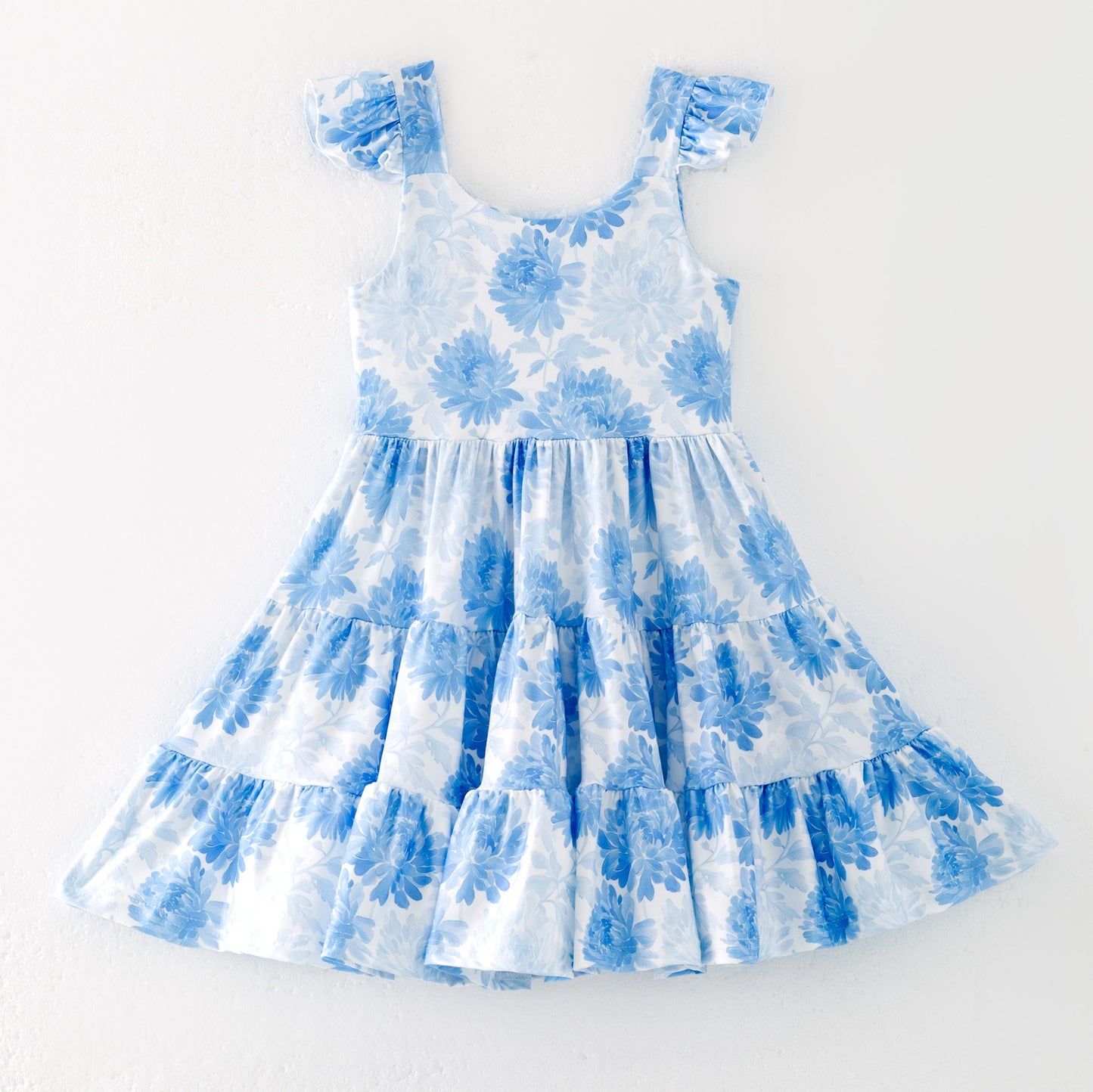 (Custom Design Preorder MOQ 5 ) Blue Flowers Print Girls Summer Knee Length Dress