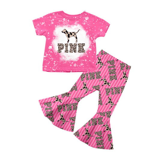 (Custom Design Preorder MOQ 5) Dog Leopard Top Bell Pants Girls Clothes Set