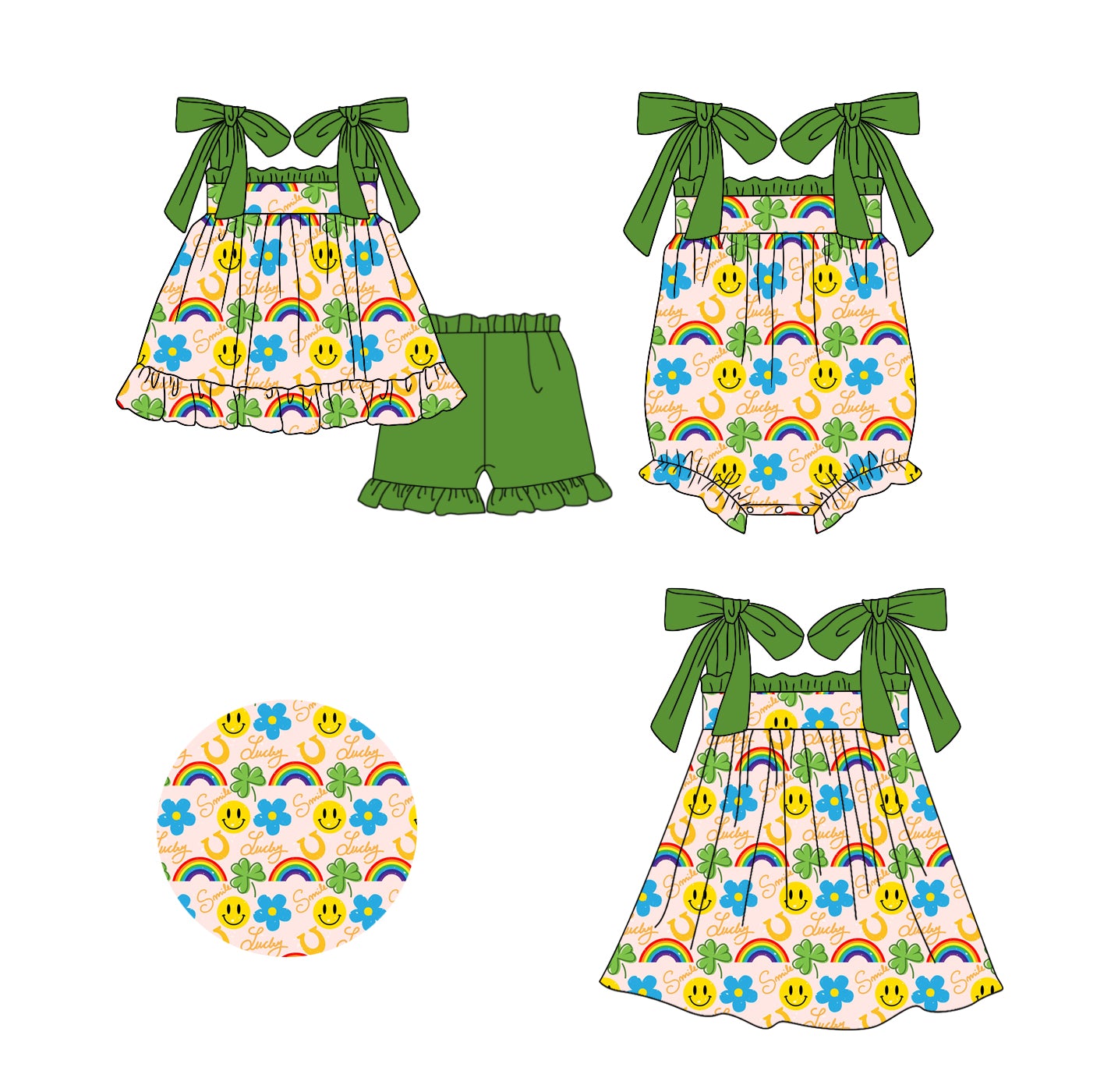 11.20(Custom Design Preorder MOQ 5 Each Design) Luck Smiling Face Leaf Print Girls St. Patrick's Day Matching Clothes Sisters Wear