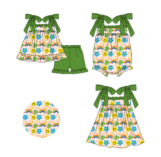 11.20(Custom Design Preorder MOQ 5 Each Design) Luck Smiling Face Leaf Print Girls St. Patrick's Day Matching Clothes Sisters Wear
