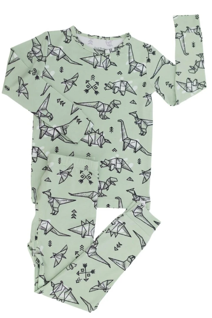 (Custom Design Preorder MOQ 5) Dino Print Boys Bamboo Pajamas Clothes Set