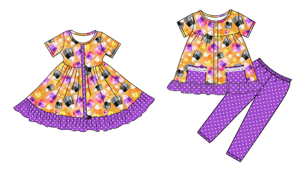 5.1(Custom Design Preorder MOQ 5 Each Design) Candy Purple Dots Print Girls Halloween Matching Clothes Sisters Wear
