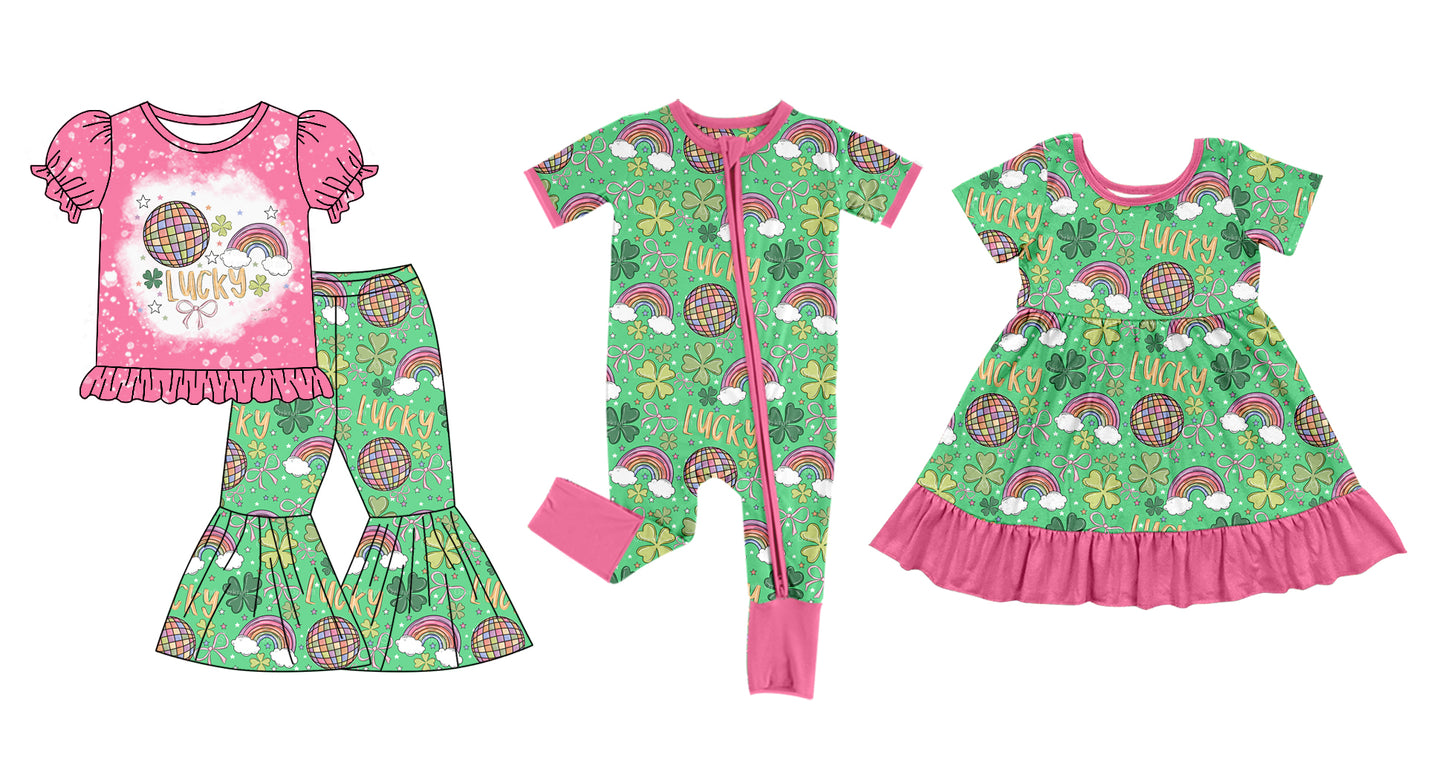 12.13(Custom Design Preorder MOQ 5 Each Design) Lucky Rainbow Print Girls St. Patrick's Day Matching Clothes Sisters Wear