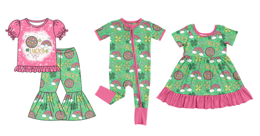 12.13(Custom Design Preorder MOQ 5 Each Design) Lucky Rainbow Print Girls St. Patrick's Day Matching Clothes Sisters Wear