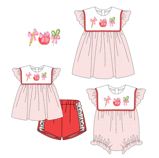 3.6(Custom Design Preorder MOQ 5 Each Design) Pen Apple Bows Print Girls Back to School Matching Clothes Sisters Wear