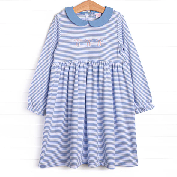 (Custom Design Preorder MOQ 5 ) Bows Blue Stripes Print Girls Fall Knee Length Dress