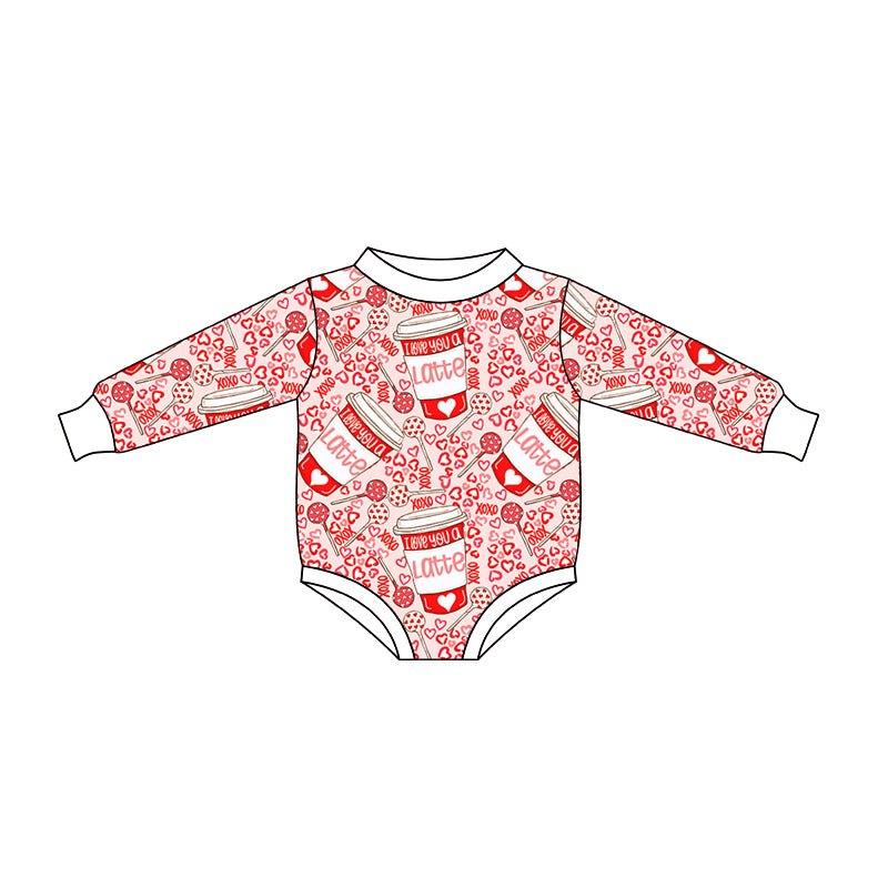 (Custom Design Preorder MOQ 5) Coffee Heart Print Baby Girls Valentine's Romper
