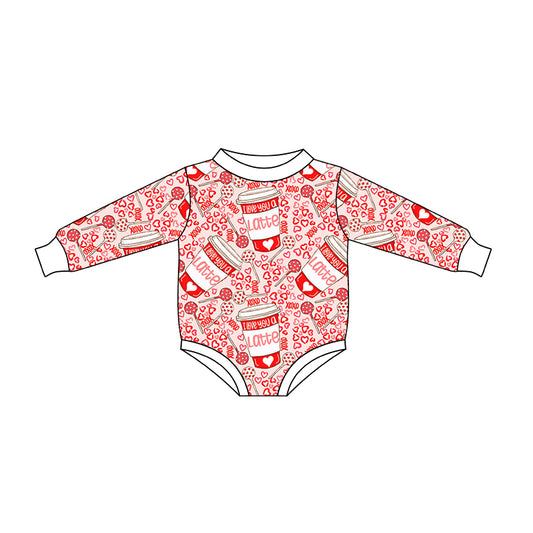 (Custom Design Preorder MOQ 5) Coffee Heart Print Baby Girls Valentine's Romper