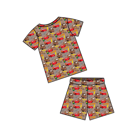 (Custom Design Preorder MOQ 5)  Cartoon Cars Print Boys Summer Clothes Set