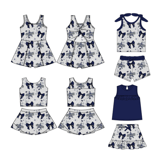 (Custom Design Preorder MOQ 5 Each Design) Team's COWBOYS Bows Print Girls Summer Matching Clothes Sisters Wear