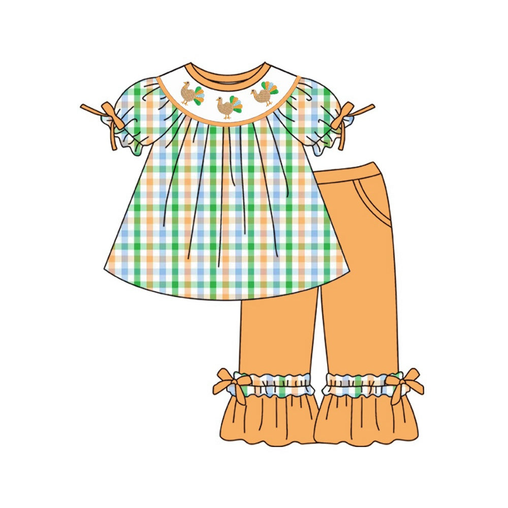 (Custom Design Preorder MOQ 5) Turkey Plaid Tunic Top Orange Pants Girls Thanksgiving Clothes Set