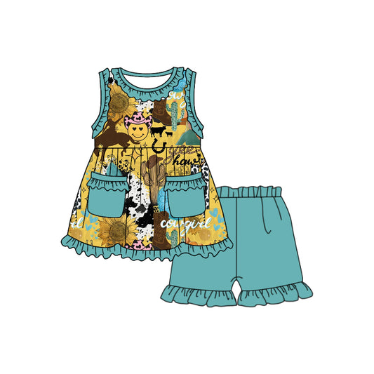 (Custom Design Preorder MOQ 5) Cowgirl Sunflowers Western Print Girls Summer Clothes Set