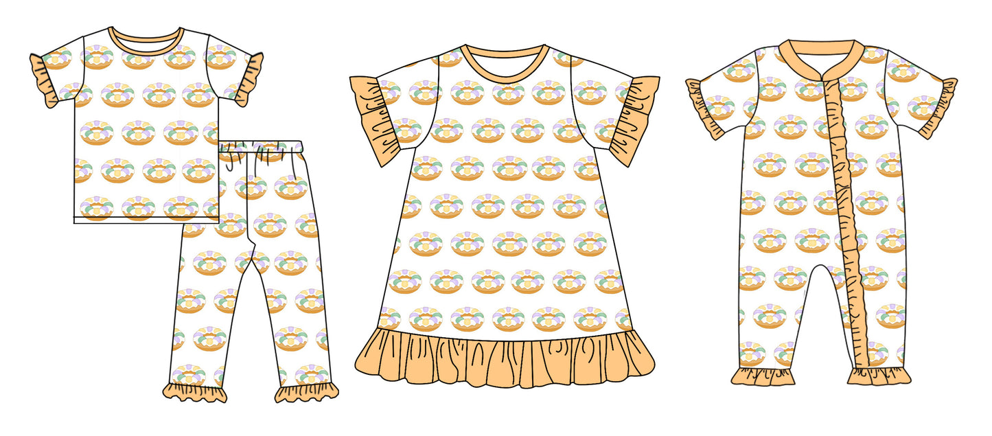 12.11(Custom Design Preorder MOQ 5 Each Design) Donut Yellow Print Girls Matching Clothes Sisters Wear
