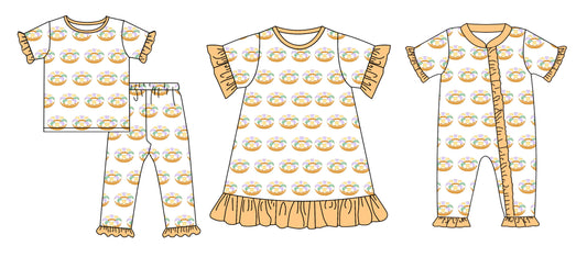 12.11(Custom Design Preorder MOQ 5 Each Design) Donut Yellow Print Girls Matching Clothes Sisters Wear