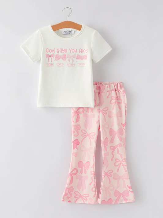 (Custom Design Preorder MOQ 5) Pink Bows Top Bell Pants Girls Clothes Set