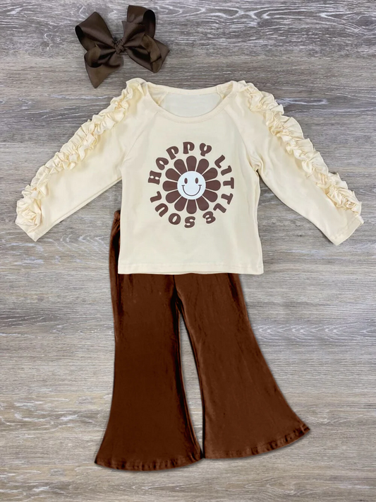 (Custom Design Preorder MOQ 5) Sassy Little Soul Print Ruffle Top Brown Pants Girls Clothes Set