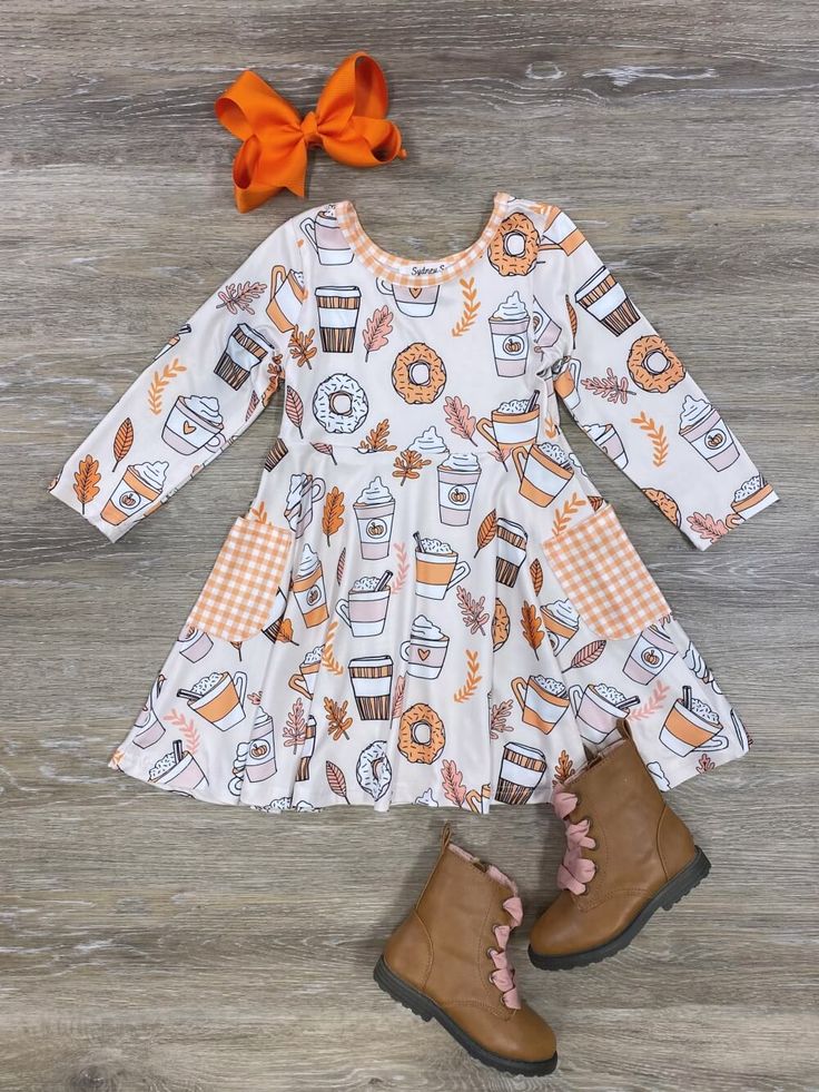 (Custom Design Preorder MOQ 5) Donut Print Pockets Girls Knee Length Fall Dress