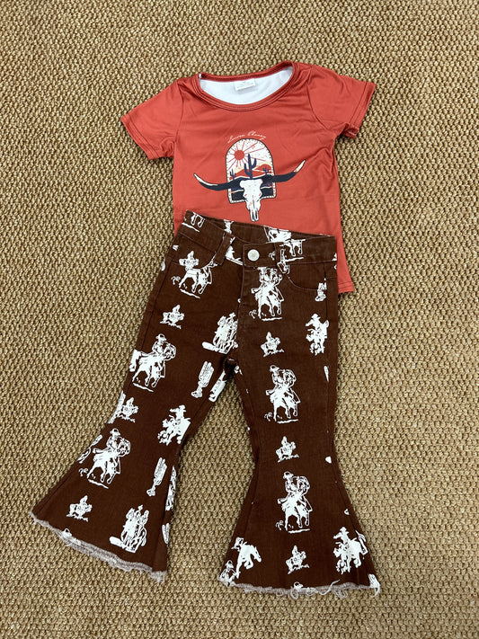 GT0106+P0076 Cow Skull Top Rodeo Brown Denim Bell Jeans Girls Clothes Set