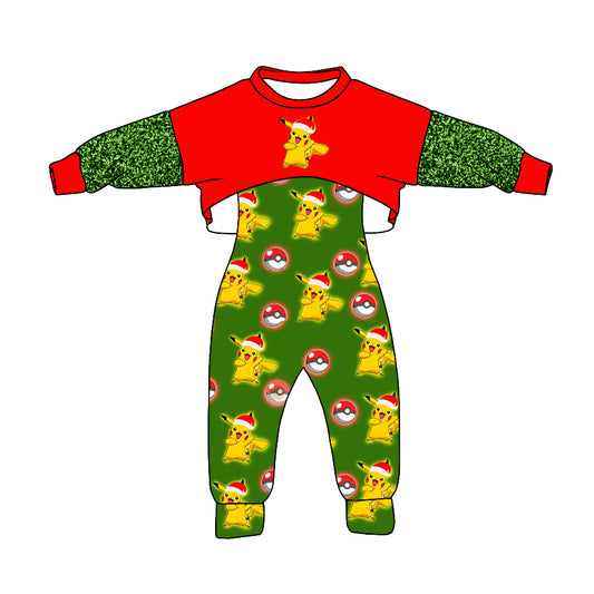 (Custom Design Preorder MOQ 5) Red Top Cartoon Animals Jumpsuits Girls Christmas Clothes Set