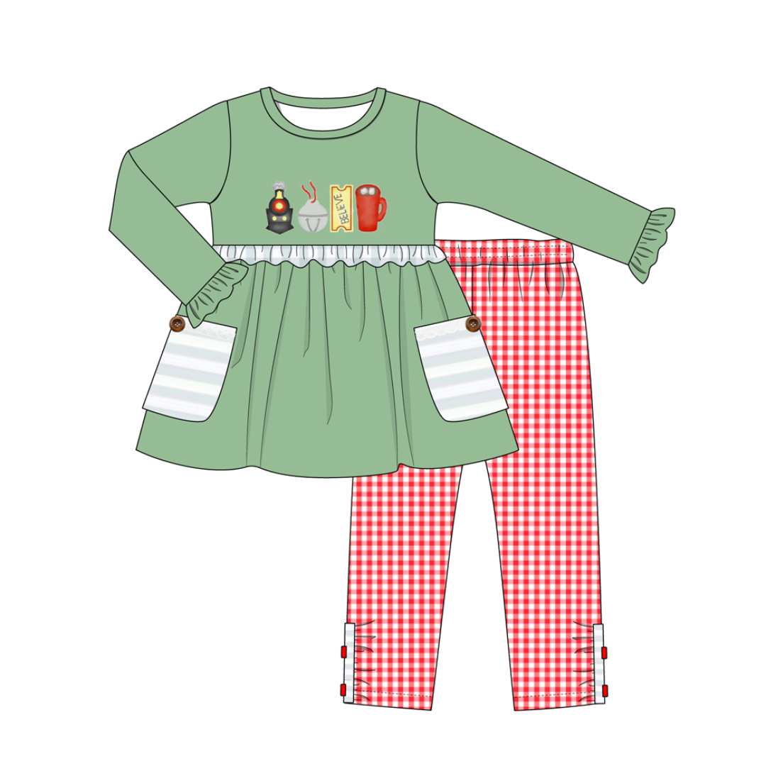 (Custom Design Preorder MOQ 5) Polar Express Green Tunic Top Stripes Pants Girls Christmas Clothes Set