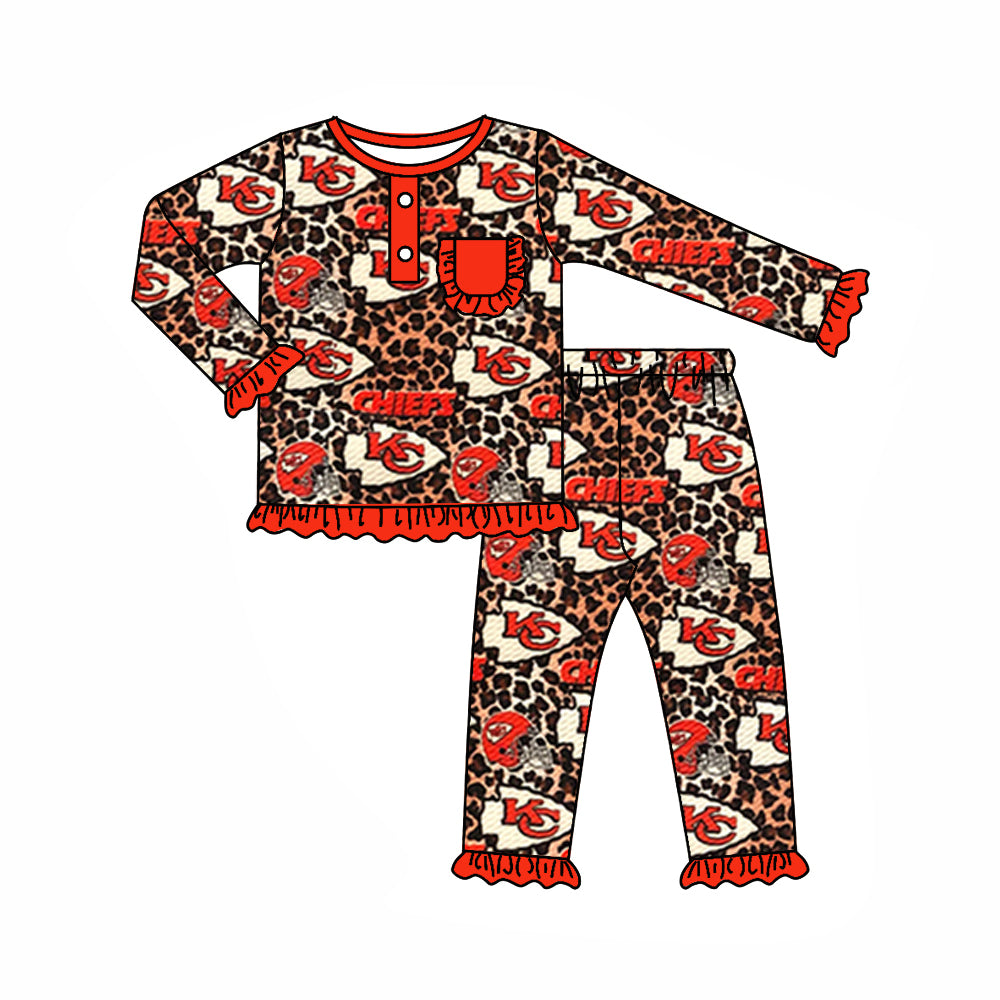 (Custom Design Preorder MOQ 5) Team's KC Leopard Print Pocket Girls Fall Pajamas Clothes Set