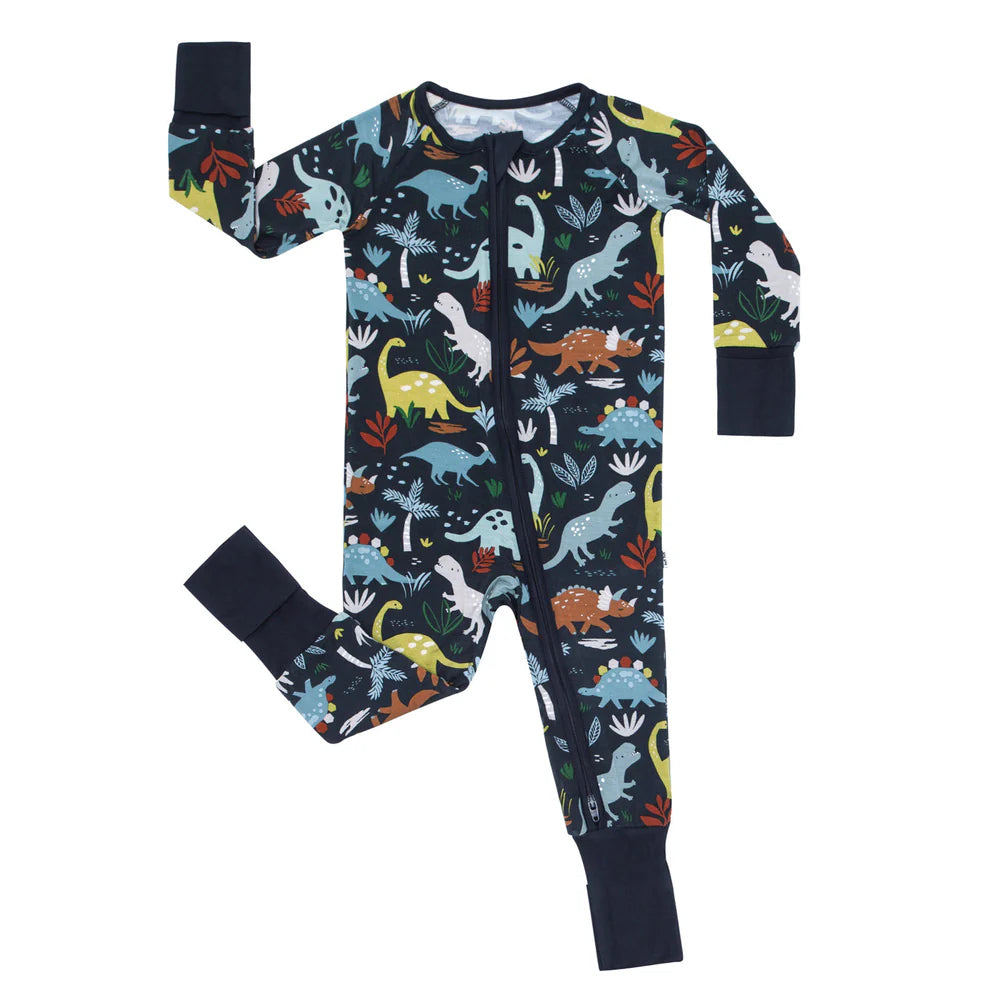 (Custom Design Preorder MOQ 5)  Dino Navy Print Baby Boys Fall Bamboo Sleeper Zipper Romper