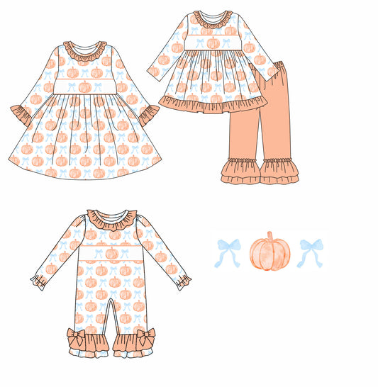 5.22(Custom Design Preorder MOQ 5 Each Design) Pumpkin Bows Print Girls Fall Matching Clothes Sisters Wear