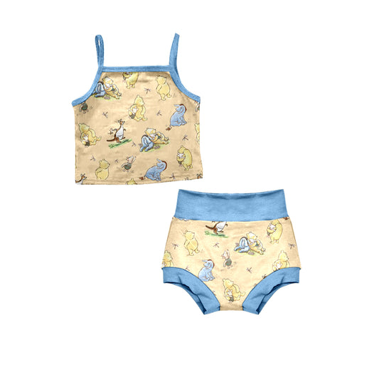 (Custom Design Preorder MOQ 5) Cartoon Animals Baby Girls Summer Bummie Set