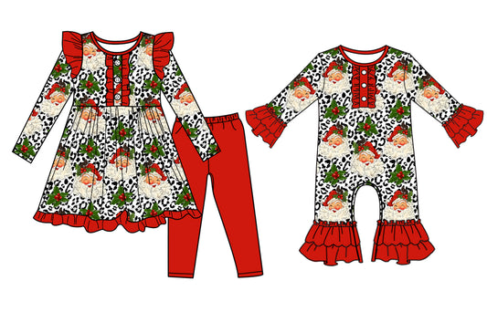 7.1(Custom Design Preorder MOQ 5 Each Design) Santa Holly Print Girls Christmas Matching Clothes Sisters Wear