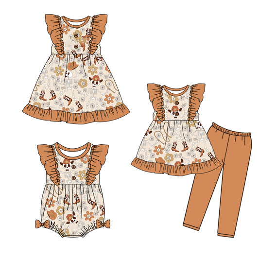 5.5(Custom Design Preorder MOQ 5 Each Design) Flowers Skull Print Girls Halloween Matching Clothes Sisters Wear