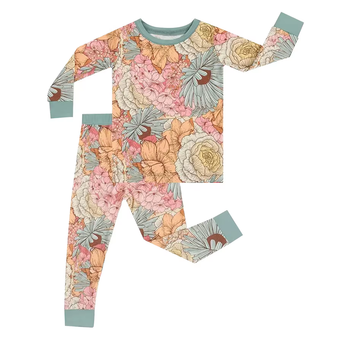 (Custom Design Preorder MOQ 5) Flowers Print Girls Fall Pajamas Clothes Set