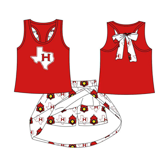 (Custom Design Preorder MOQ 5) Team's H Red Top Skirts Shorts Girls Clothes Sets