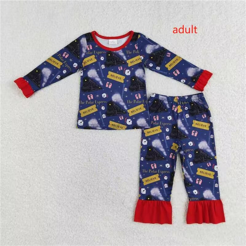 (Custom Design Preorder MOQ 5) Adult Polar Express Print Woman Christmas Pajamas Clothes Set