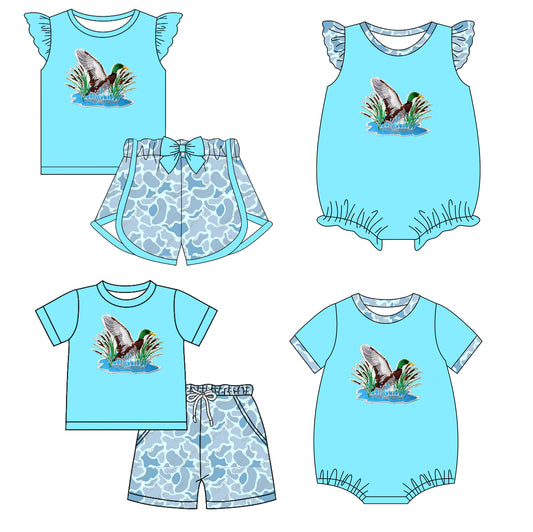 11.28(Custom Design Preorder MOQ 5 Each Design) Duck Aqua Camo Print Kids Summer Matching Clothes Sibling Wear