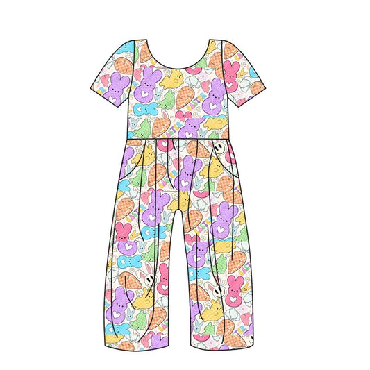 (Custom Design Preorder MOQ 5) Colorful Bunny Print Girls Pockets Easter Jumpsuits