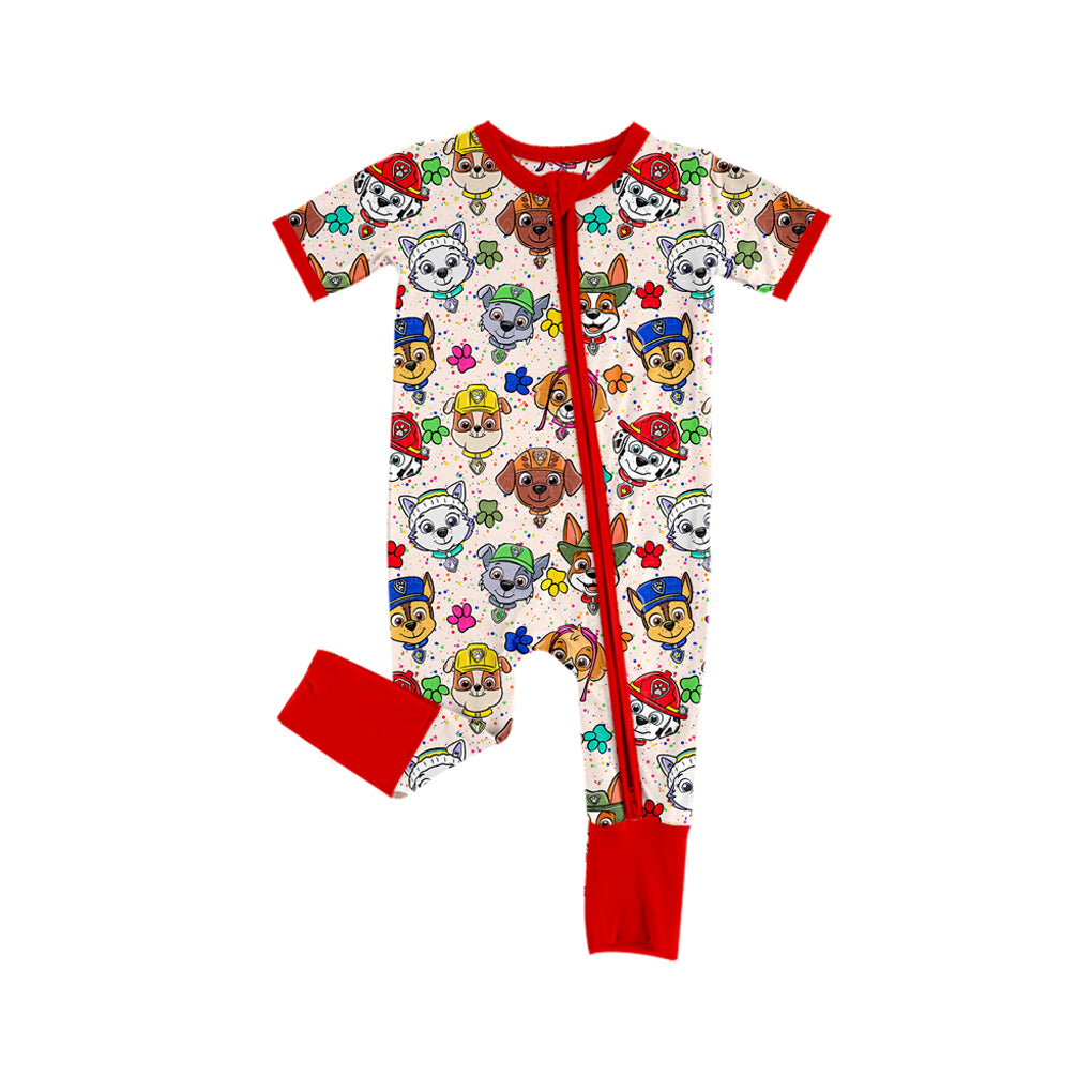 (Custom Design Preorder MOQ 5)  Cartoon Dog Print Baby Girls Bamboo Sleeper Zipper Romper