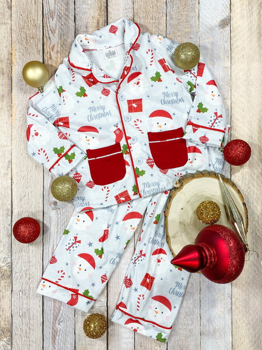 (Custom Design Preorder MOQ 5) Santa Holly Candy Cane Print Boys Christmas Pajamas Clothes Set