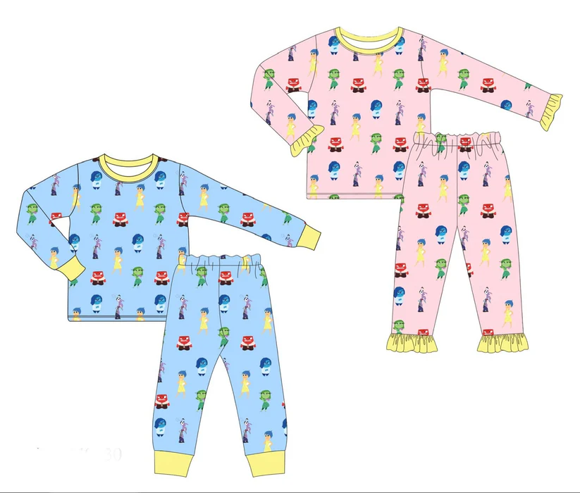 (Custom Design Preorder MOQ 5) Cartoon Figure Inside Out Blue Print Boys Bamboo Pajamas Clothes Set