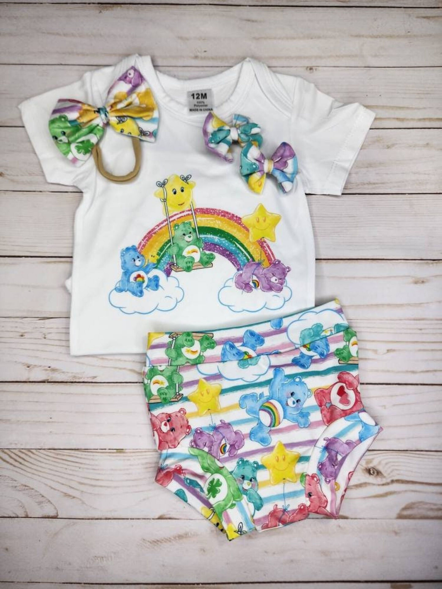 (Custom Design Preorder MOQ 5) Cartoon Cute Bear Print Baby Girls Summer Bummie Set