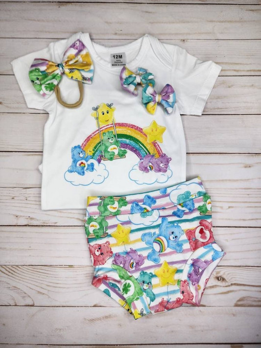 (Custom Design Preorder MOQ 5) Cartoon Cute Bear Print Baby Girls Summer Bummie Set