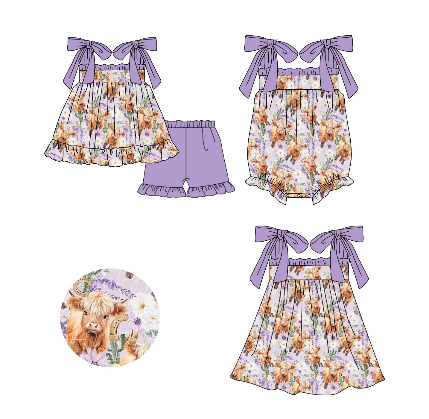 11.20(Custom Design Preorder MOQ 5 Each Design) Highland Cow Flowers Print Girls Matching Clothes Sisters Wear