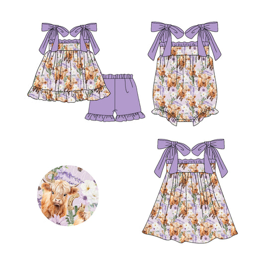 11.20(Custom Design Preorder MOQ 5 Each Design) Highland Cow Flowers Print Girls Matching Clothes Sisters Wear
