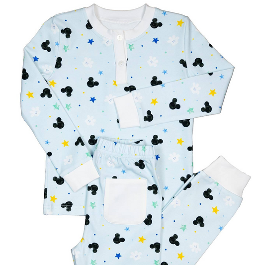 (Custom Design Preorder MOQ 5) Cartoon Mouse Blue Print Boys Fall Pajamas Clothes Set