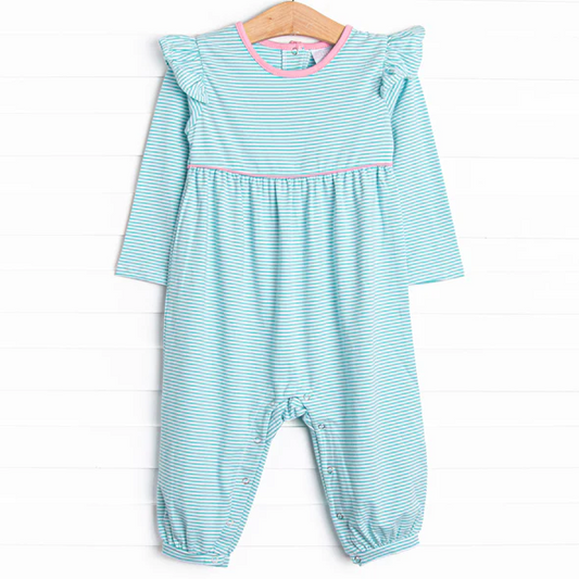 (Custom Design Preorder MOQ 5) Blue Stripes Print Baby Girls Fall Romper