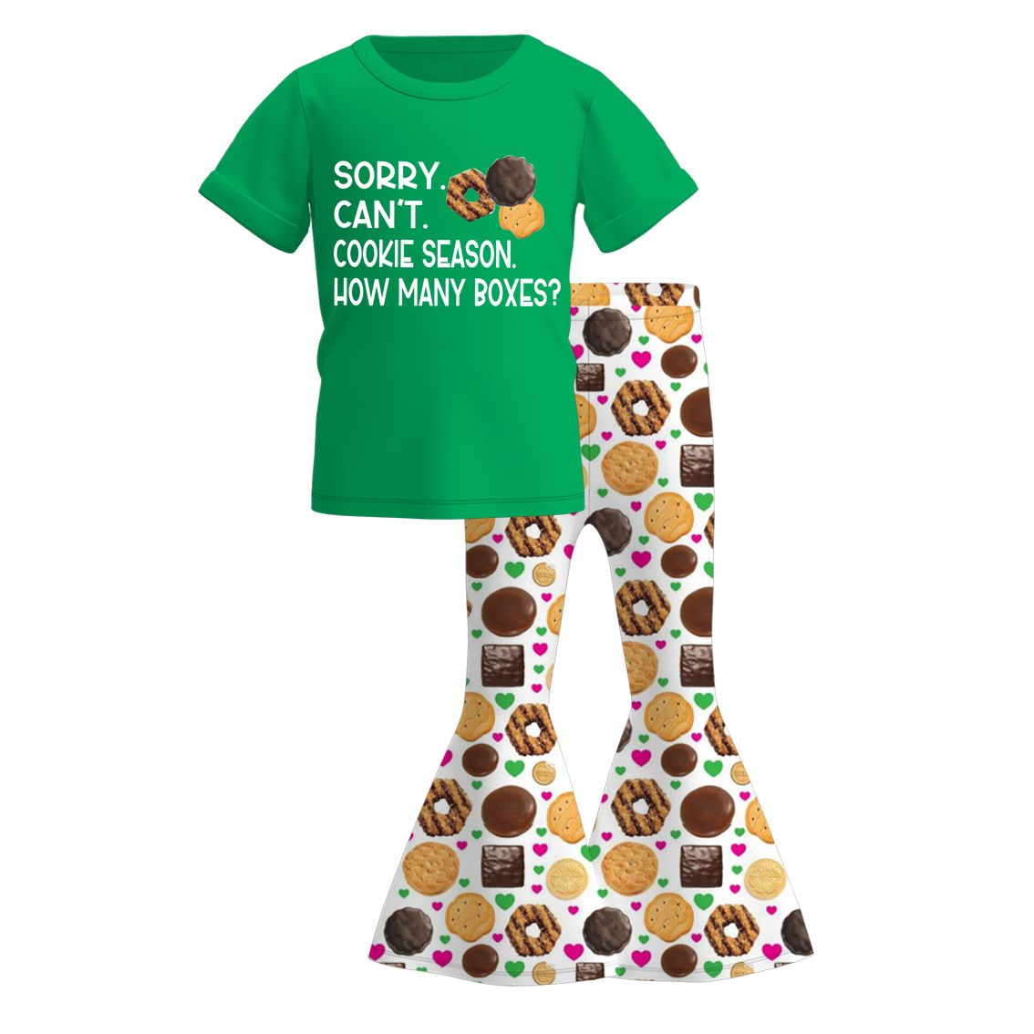 (Custom Design Preorder MOQ 5) Green Top Cookie Bell Pants Girls Clothes Set