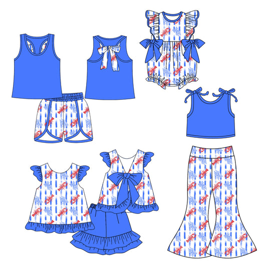 12.3 (Custom Design Preorder MOQ 5 Each Design) Crayfish Bows Blue Print Girls Summer Matching Clothes Sisters Wear